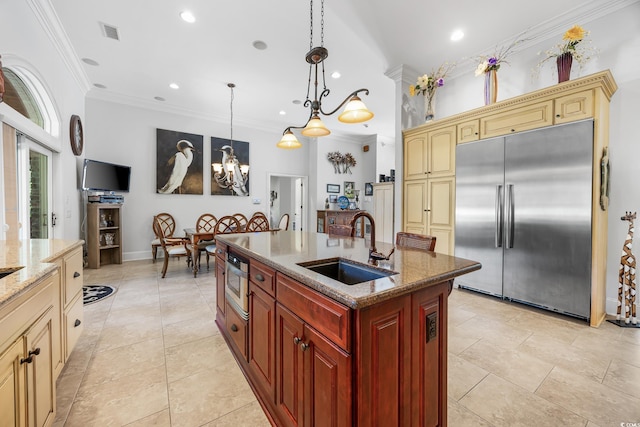 784 Caines Landing Rd, Conway, SC 29526 - kitchen with stainless steel built in refrigerator, a sink, recessed lighting, a chandelier, and ornamental molding