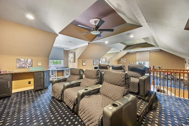 784 Caines Landing Rd, Conway, SC 29526 - cinema room featuring dark carpet, lofted ceiling, a ceiling fan, recessed lighting, and baseboards