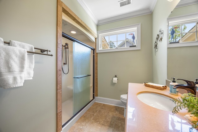 784 Caines Landing Rd, Conway, SC 29526 - bathroom featuring healthy amount of natural light, ornamental molding, vanity, toilet, and a stall shower