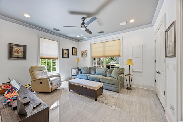 784 Caines Landing Rd, Conway, SC 29526 - living room featuring a ceiling fan, ornamental molding, baseboards, and recessed lighting