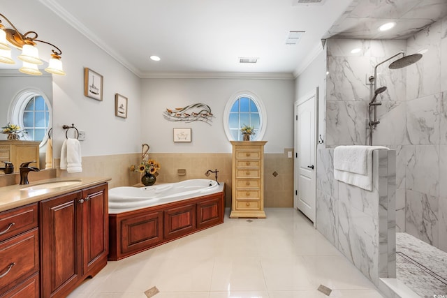 784 Caines Landing Rd, Conway, SC 29526 - bathroom featuring a bath, vanity, tile walls, crown molding, and a marble finish shower