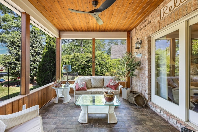 784 Caines Landing Rd, Conway, SC 29526 - sunroom featuring ceiling fan, brick wall, outdoor lounge area, and wood ceiling