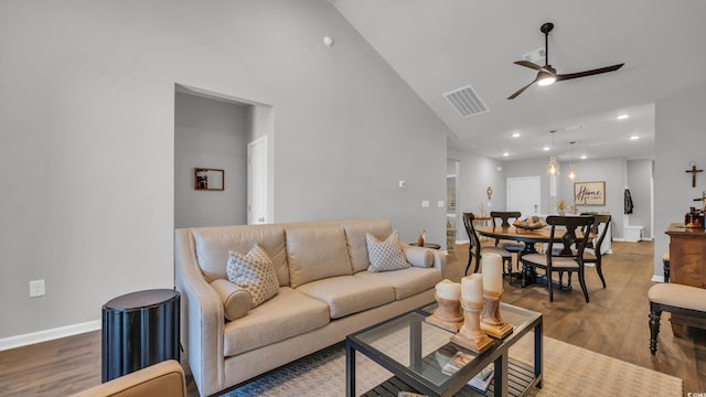 4053 Taranto Loop Unit C, Myrtle Beach, SC 29579 - living area featuring ceiling fan, high vaulted ceiling, wood finished floors, and recessed lighting