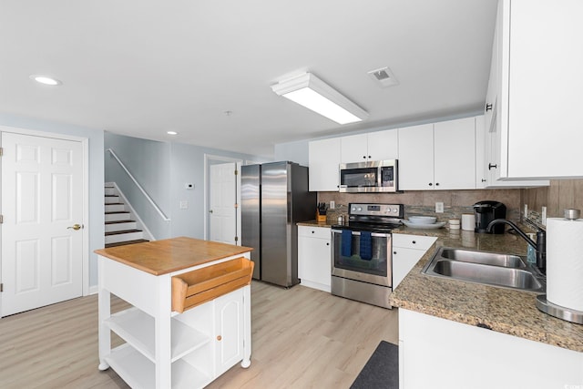 3401 N Ocean Blvd Unit 110, North Myrtle Beach, SC 29582 - kitchen with appliances with stainless steel finishes, a sink, white cabinets, light wood-type flooring, and backsplash
