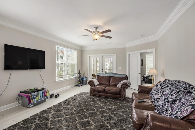 150 Ella Kinley Cir Unit 301, Myrtle Beach, SC 29588 - living area featuring crown molding, ceiling fan, french doors, and baseboards