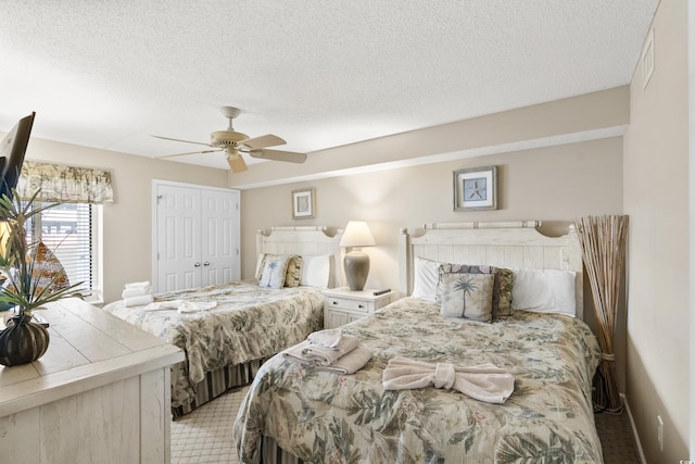 1625 S Ocean Blvd Unit 309, North Myrtle Beach, SC 29582 - bedroom featuring light colored carpet, ceiling fan, a textured ceiling, and a closet