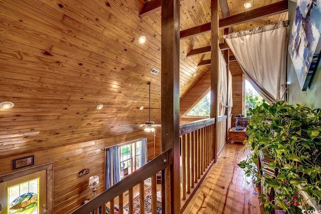 181 Halfway Rd, Nichols, SC 29581 - hall with wooden walls, wooden ceiling, vaulted ceiling, and light wood-type flooring