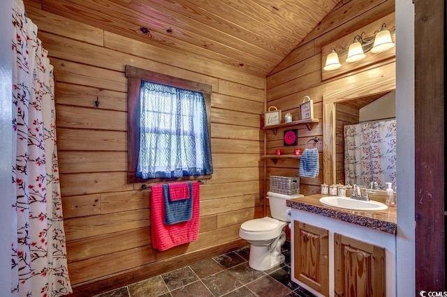 181 Halfway Rd, Nichols, SC 29581 - bathroom with vaulted ceiling, vanity, wooden walls, toilet, and stone finish floors