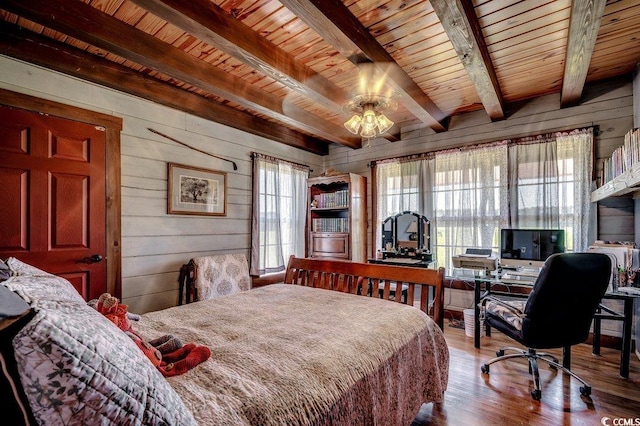181 Halfway Rd, Nichols, SC 29581 - bedroom with wooden walls, wooden ceiling with exposed beams, wood finished floors, and a desk