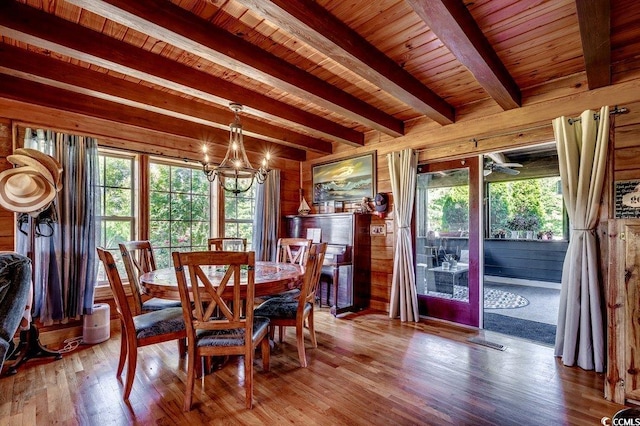 181 Halfway Rd, Nichols, SC 29581 - dining space with wood walls, wood ceiling with exposed beams, a chandelier, and wood finished floors
