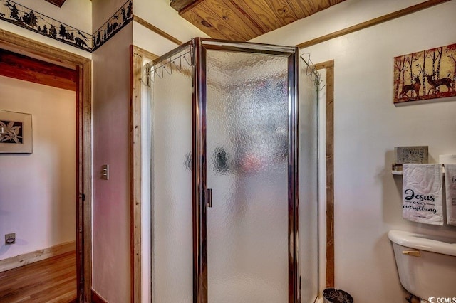 181 Halfway Rd, Nichols, SC 29581 - bathroom featuring toilet, a stall shower, and wood finished floors