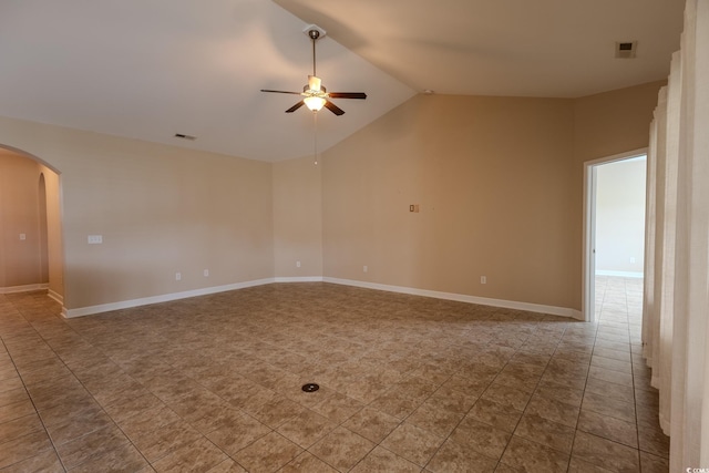 1224 Checkerberry St, Longs, SC 29568 - tiled empty room with arched walkways, ceiling fan, and lofted ceiling