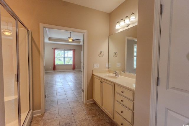 1224 Checkerberry St, Longs, SC 29568 - full bathroom with vanity, a shower stall, a ceiling fan, and baseboards