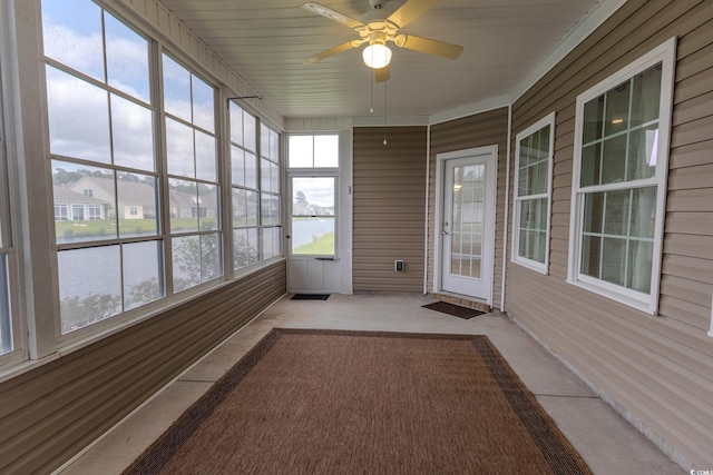 1224 Checkerberry St, Longs, SC 29568 - unfurnished sunroom with a water view and ceiling fan
