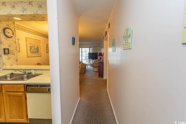 305 N Hillside Dr Unit 206, North Myrtle Beach, SC 29582 - corridor with a textured ceiling, carpet, and wallpapered walls