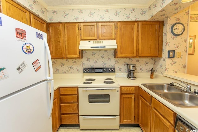 305 N Hillside Dr Unit 206, North Myrtle Beach, SC 29582 - kitchen with white appliances, under cabinet range hood, wallpapered walls, light countertops, and brown cabinets