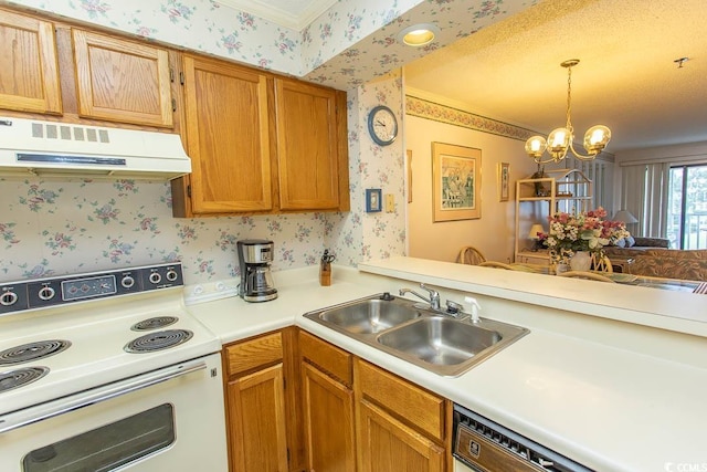 305 N Hillside Dr Unit 206, North Myrtle Beach, SC 29582 - kitchen featuring range with electric stovetop, ventilation hood, wallpapered walls, light countertops, and a chandelier