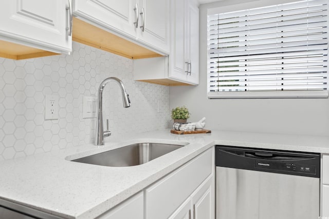 6703 Jefferson Pl Unit B7, Myrtle Beach, SC 29572 - kitchen with dishwasher, tasteful backsplash, white cabinets, and light stone countertops