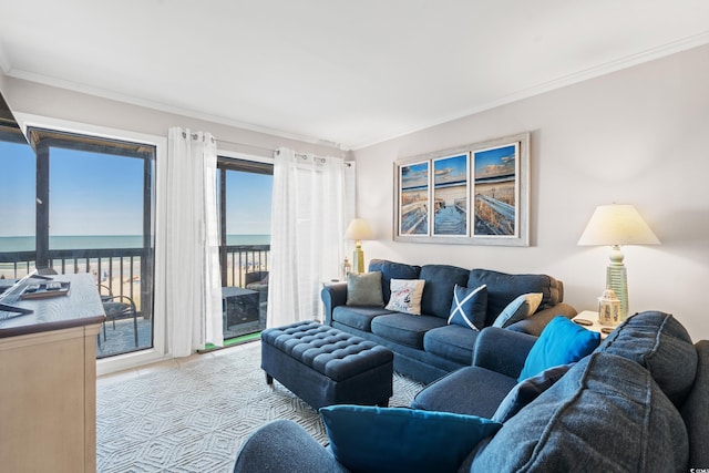 208 Ocean Blvd N Unit 226, North Myrtle Beach, SC 29582 - living area with ornamental molding, light tile patterned flooring, and a water view