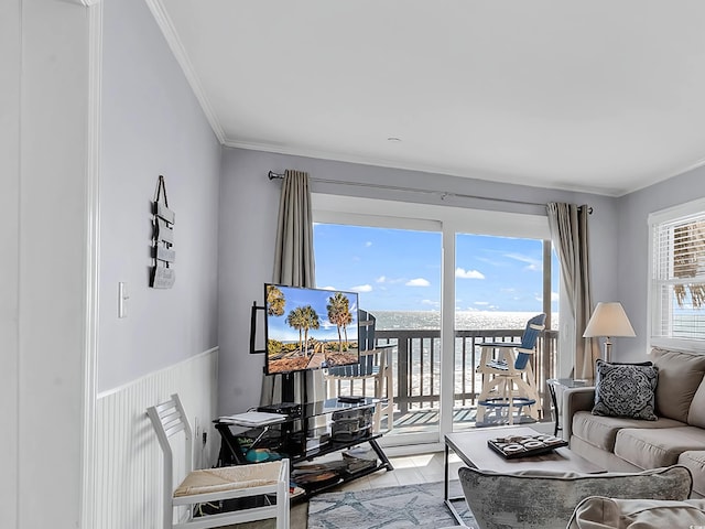 1310 N Waccamaw Dr Unit 208, Garden City Beach, SC 29576 - living area with crown molding and a wainscoted wall