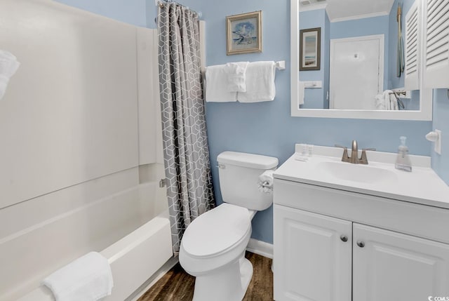 1310 N Waccamaw Dr Unit 208, Garden City Beach, SC 29576 - full bath featuring ornamental molding, vanity, toilet, shower / tub combo, and wood finished floors