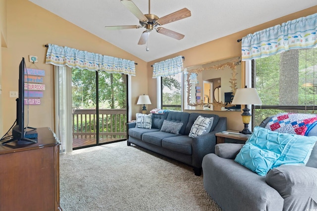 752 Tall Oaks Ct, Myrtle Beach, SC 29588 - carpeted living room with lofted ceiling and ceiling fan