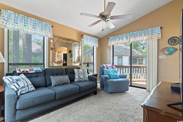 752 Tall Oaks Ct, Myrtle Beach, SC 29588 - carpeted living room featuring lofted ceiling, a textured ceiling, and ceiling fan