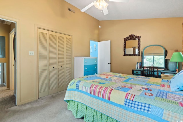 752 Tall Oaks Ct, Myrtle Beach, SC 29588 - bedroom featuring carpet floors, a closet, vaulted ceiling, and ceiling fan