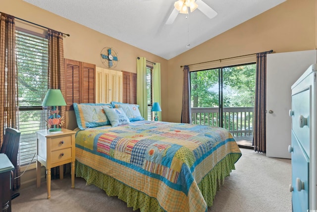 752 Tall Oaks Ct, Myrtle Beach, SC 29588 - bedroom with carpet floors, access to exterior, vaulted ceiling, and a ceiling fan