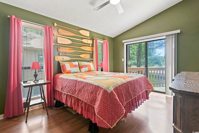 752 Tall Oaks Ct, Myrtle Beach, SC 29588 - bedroom featuring access to exterior, lofted ceiling, wood finished floors, a textured ceiling, and a ceiling fan