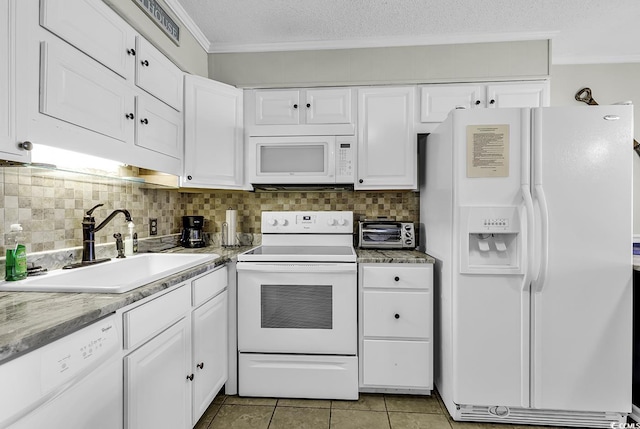 9660 Shore Dr Unit 208, Myrtle Beach, SC 29572 - kitchen with white appliances, a sink, ornamental molding, white cabinetry, and tasteful backsplash