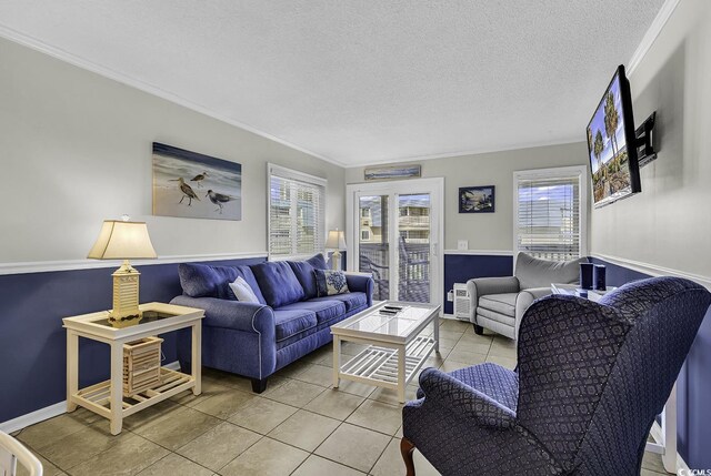 9660 Shore Dr Unit 208, Myrtle Beach, SC 29572 - living room featuring healthy amount of natural light, tile patterned floors, ornamental molding, and a textured ceiling