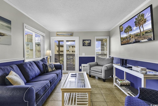 9660 Shore Dr Unit 208, Myrtle Beach, SC 29572 - living room with tile patterned floors, crown molding, and a textured ceiling