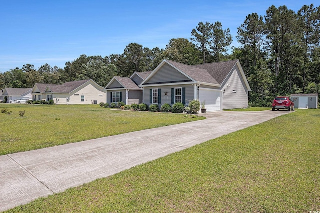 95 Timber Run Dr, Georgetown, SC 29440 - single story home with concrete driveway, a front yard, an attached garage, and view of wooded area
