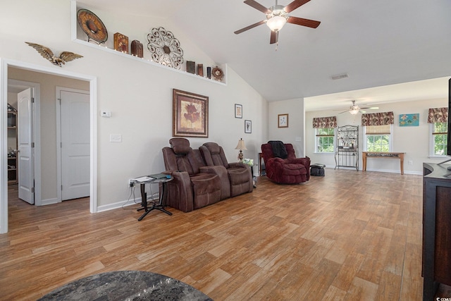 95 Timber Run Dr, Georgetown, SC 29440 - living area featuring ceiling fan, light wood-style flooring, and high vaulted ceiling