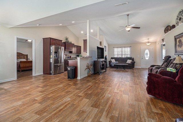 95 Timber Run Dr, Georgetown, SC 29440 - living room with wood finished floors, ceiling fan, high vaulted ceiling, and recessed lighting