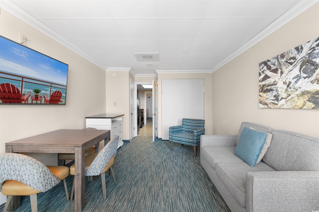 1105 S Ocean Blvd Unit 110, Myrtle Beach, SC 29577 - living room featuring dark colored carpet and crown molding