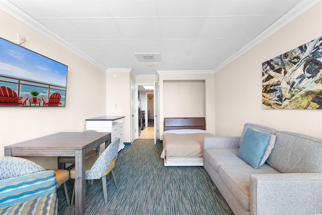 1105 S Ocean Blvd Unit 110, Myrtle Beach, SC 29577 - bedroom featuring dark colored carpet and crown molding