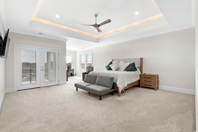 208 W Palms Dr, Myrtle Beach, SC 29579 - bedroom with a raised ceiling, crown molding, access to exterior, carpet flooring, and french doors