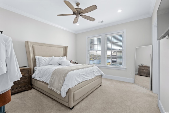208 W Palms Dr, Myrtle Beach, SC 29579 - bedroom with light carpet, crown molding, baseboards, a ceiling fan, and recessed lighting