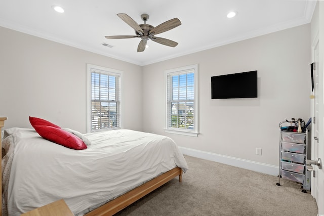 208 W Palms Dr, Myrtle Beach, SC 29579 - carpeted bedroom with multiple windows, baseboards, crown molding, recessed lighting, and a ceiling fan