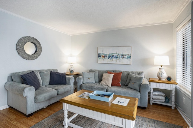 5905 S Kings Hwy Unit A518, Myrtle Beach, SC 29575 - living room featuring ornamental molding, wood finished floors, baseboards, and a textured ceiling