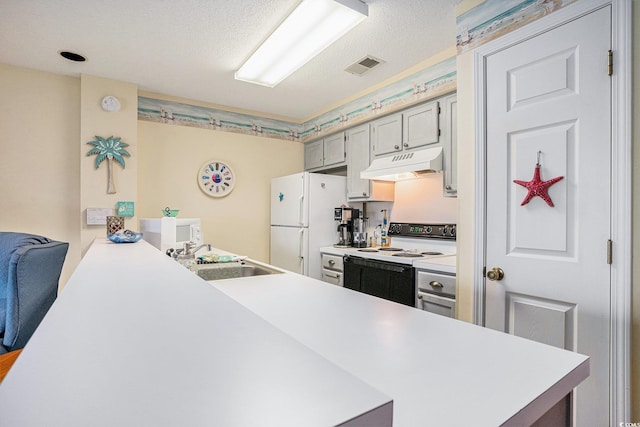 1900 Duffy St Unit H-8, North Myrtle Beach, SC 29582 - kitchen with range with electric cooktop, a sink, under cabinet range hood, freestanding refrigerator, and a peninsula