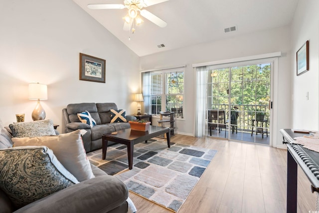 5852 Longwood Dr Unit 302, Murrells Inlet, SC 29576 - living room featuring ceiling fan, light wood-type flooring, and high vaulted ceiling