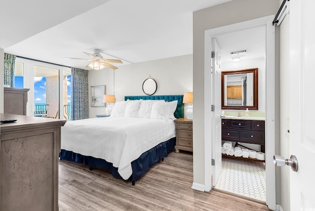 2500 N Ocean Blvd Unit 1102, Myrtle Beach, SC 29577 - bedroom with light wood-style flooring, access to outside, and a ceiling fan