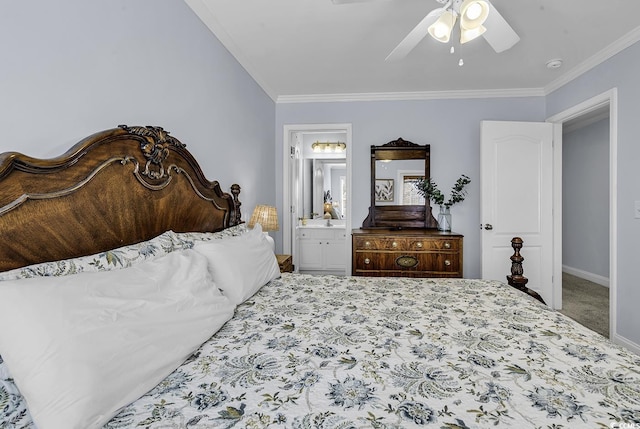 113-A Vista Dr, Garden City Beach, SC 29576 - carpeted bedroom with crown molding, baseboards, a ceiling fan, and ensuite bathroom