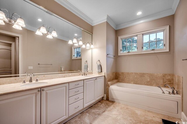 9 Winnowing Way, Pawleys Island, SC 29585 - bathroom with crown molding, double vanity, a bath, and recessed lighting