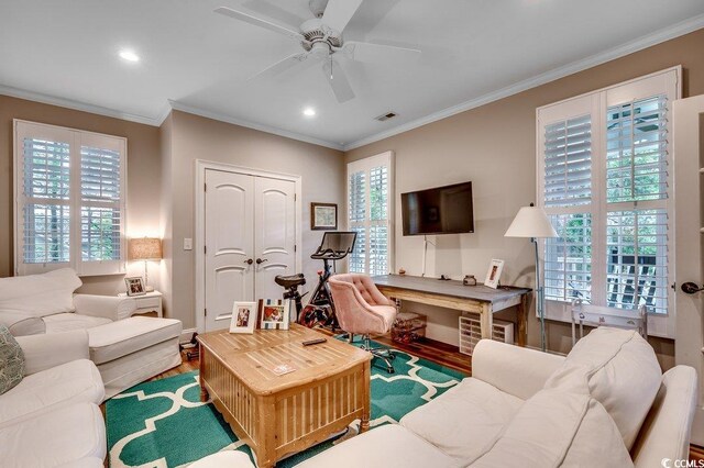 9 Winnowing Way, Pawleys Island, SC 29585 - living room with wood finished floors, crown molding, ceiling fan, recessed lighting, and an office area
