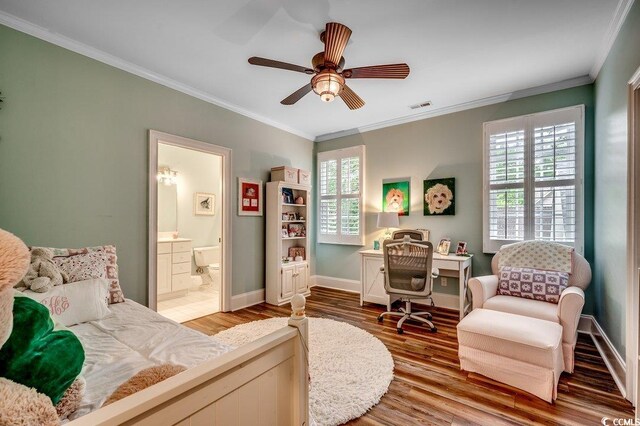 9 Winnowing Way, Pawleys Island, SC 29585 - bedroom with wood finished floors, ornamental molding, baseboards, connected bathroom, and a ceiling fan