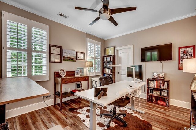 9 Winnowing Way, Pawleys Island, SC 29585 - office featuring baseboards, wood finished floors, a ceiling fan, plenty of natural light, and ornamental molding